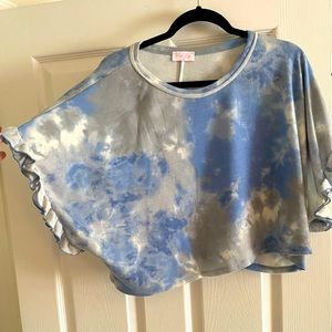 Tie dye blue, gray and white crop top